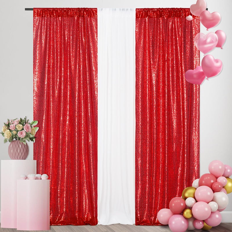 SquarePie Sequin Curtain 2FT x 8FT 2pcs Red Backdrop Background Sparkly for Wedding Party Decoration - Image 1